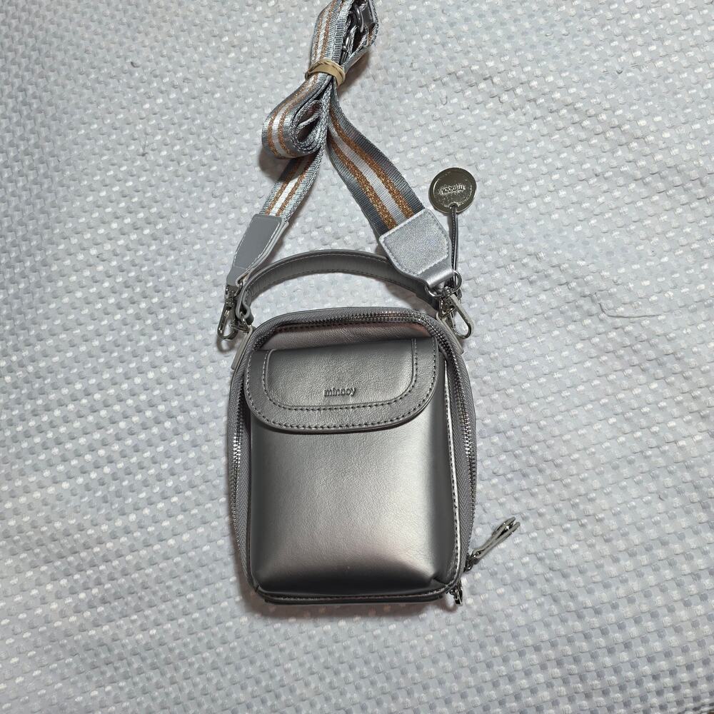 Metallic Silver Crossbody Pouch with Detachable Striped Strap